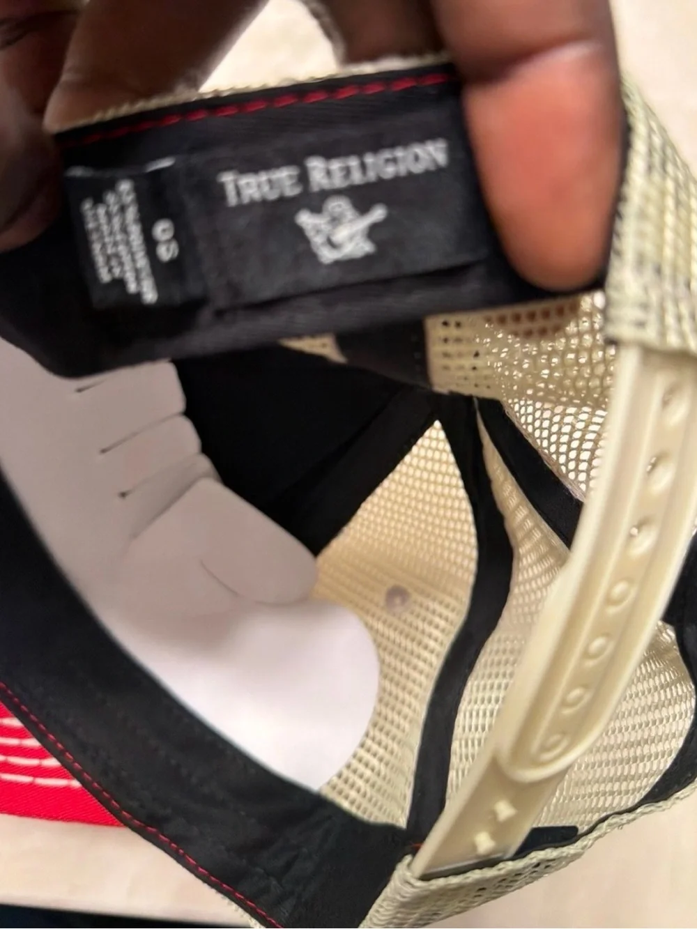 True Religion Red Trucker Hat with Tan Patch